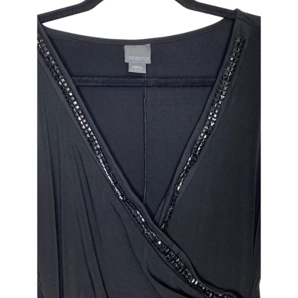 Covington Faux Wrap Dress Shiny Black Embellishment Little Black Cocktail Medium - Picture 5 of 9